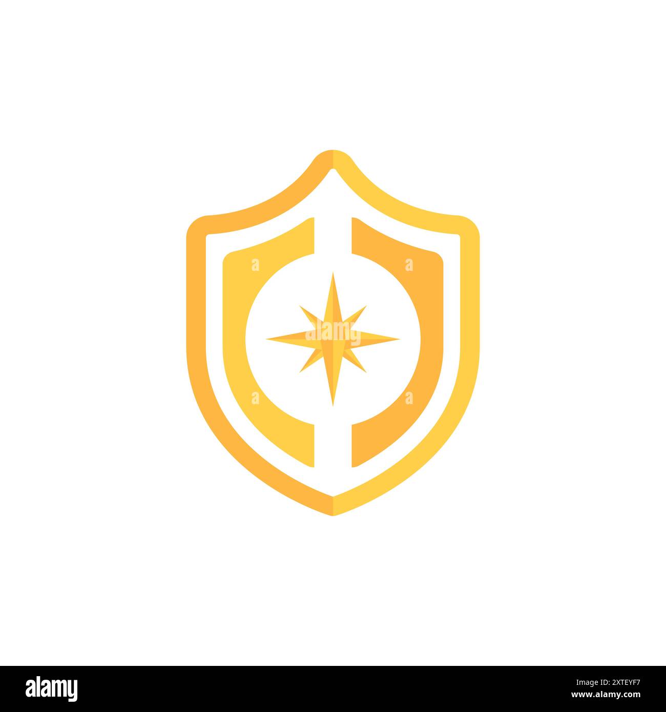 Schild mit Sternvektor. Goldenes Schild. Abstraktes Schildsymbol mit Windrosen-Vektor. Symbol „Kompass in Schild“. Vektorabbildung. Stock Vektor