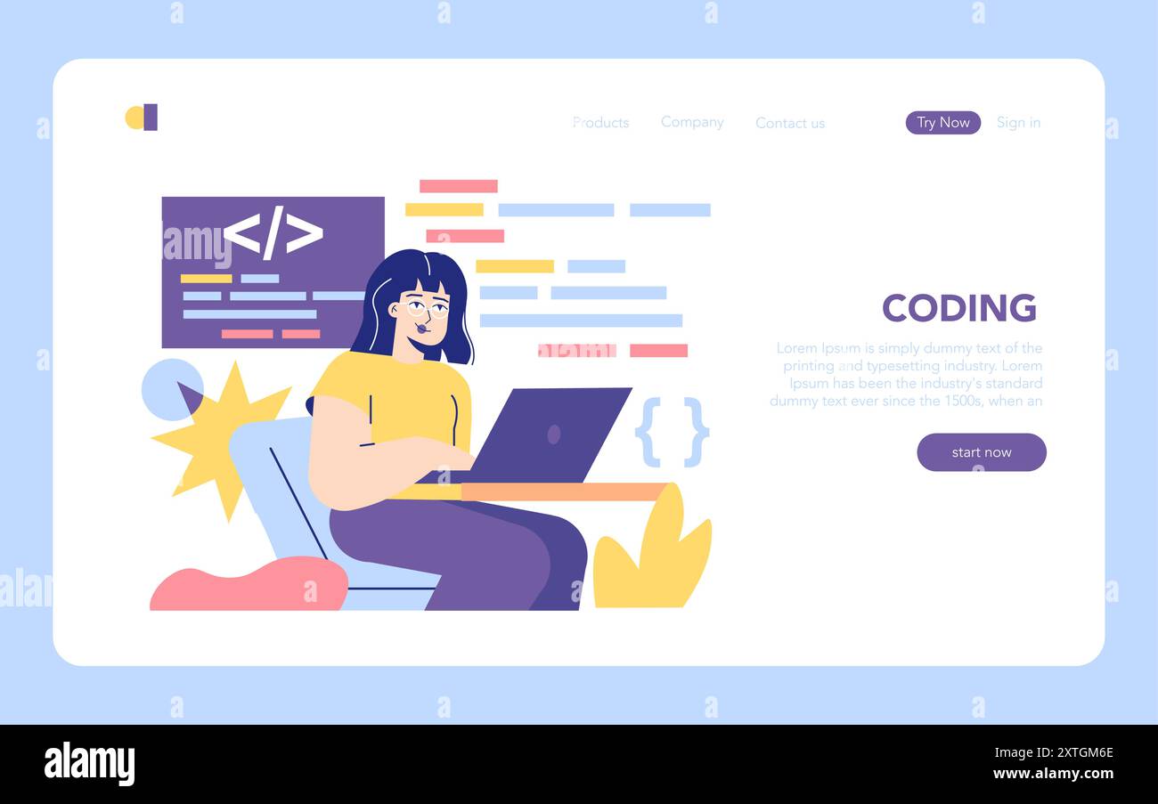 MINT-Bildungskonzept. Eine junge Frau programmiert auf einem Laptop, symbolisiert die Entwicklung von Programmierfähigkeiten. Interaktives Design der Lernplattform. Vektorabbildung. Stock Vektor