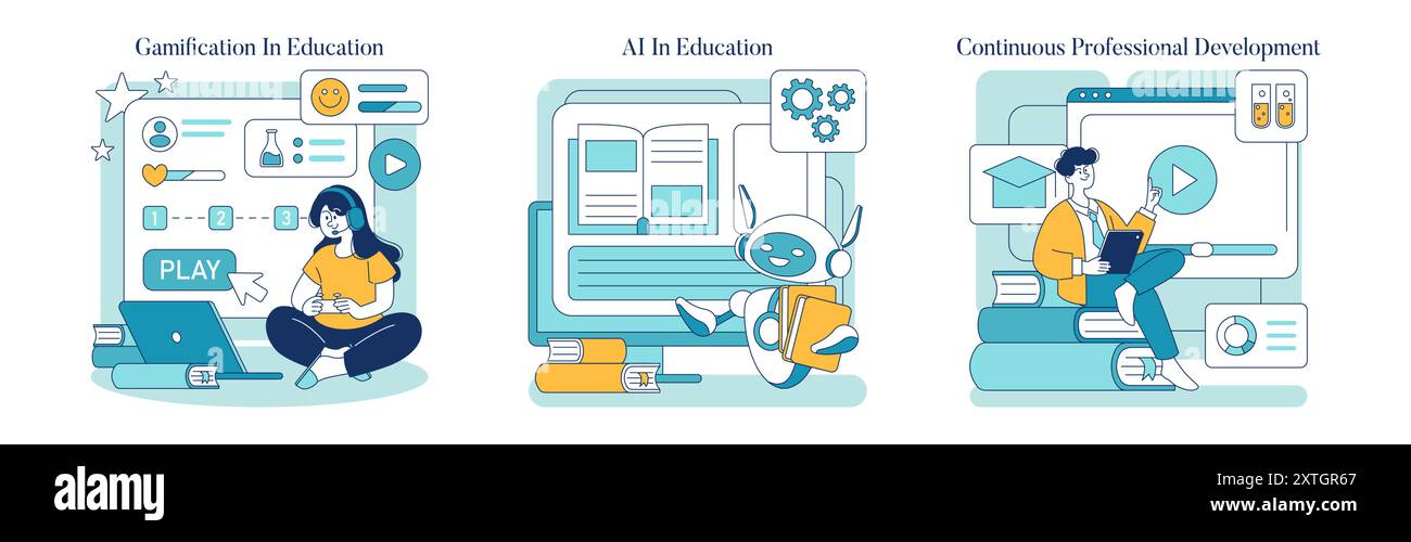 Trends im Bildungsbereich festgelegt. Einbeziehung von Spielelementen in das Lernen, die Rolle von KI in der modernen Bildung, die kontinuierliche Entwicklung von Fähigkeiten. Vektorabbildung. Stock Vektor