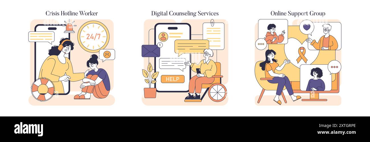 Suizidprävention Day Set. Zugang zu 24 7 Krisenmeldestellen, digitalen Beratungsdiensten und Online-Unterstützungsgruppen. Psychische Gesundheitsbewusstsein. Vektorabbildung. Stock Vektor