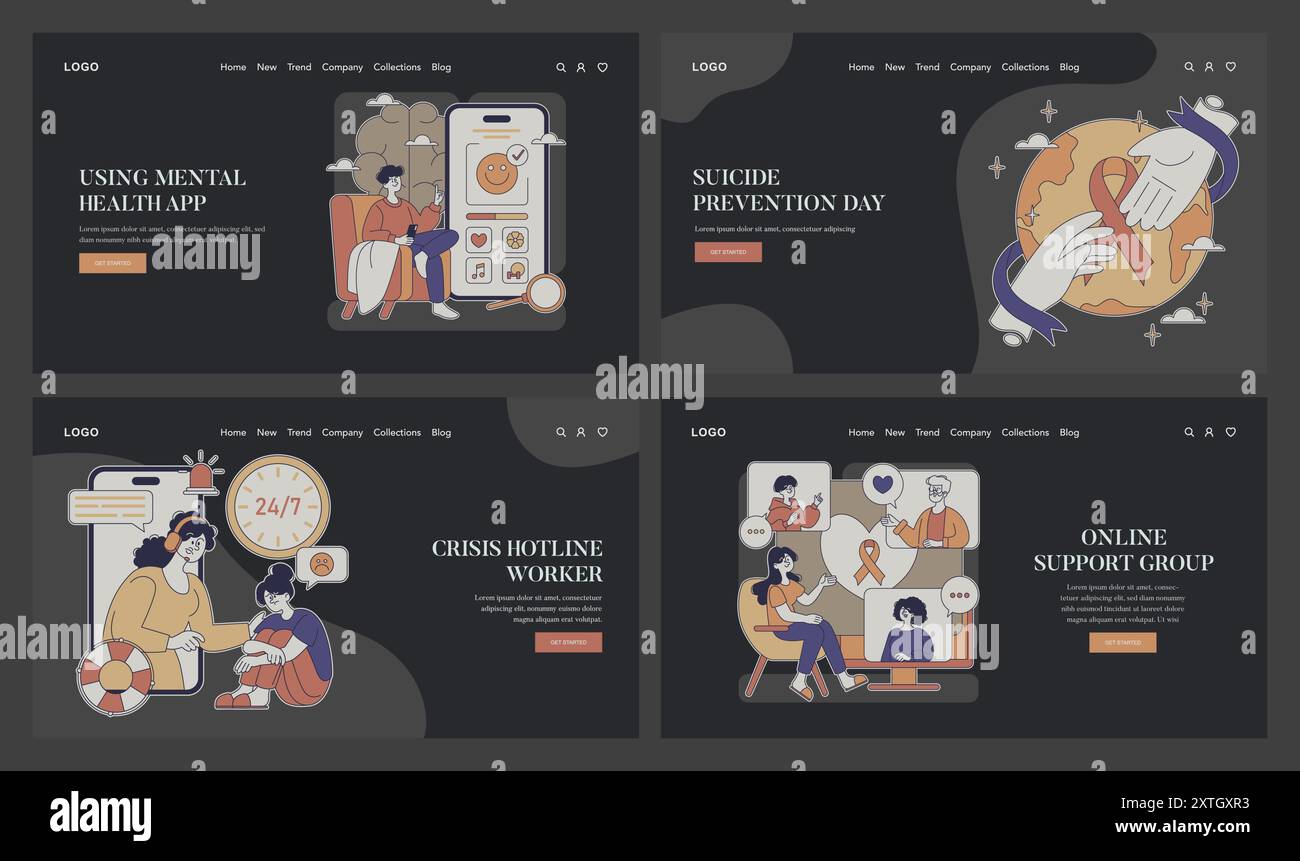 Suizidprävention Day Set. Psychische Gesundheitsförderung und Kriseninterventionskonzepte. Digitale Therapie, 24-7-Hotline und Online-Support-Gruppe. Vektorabbildung. Stock Vektor