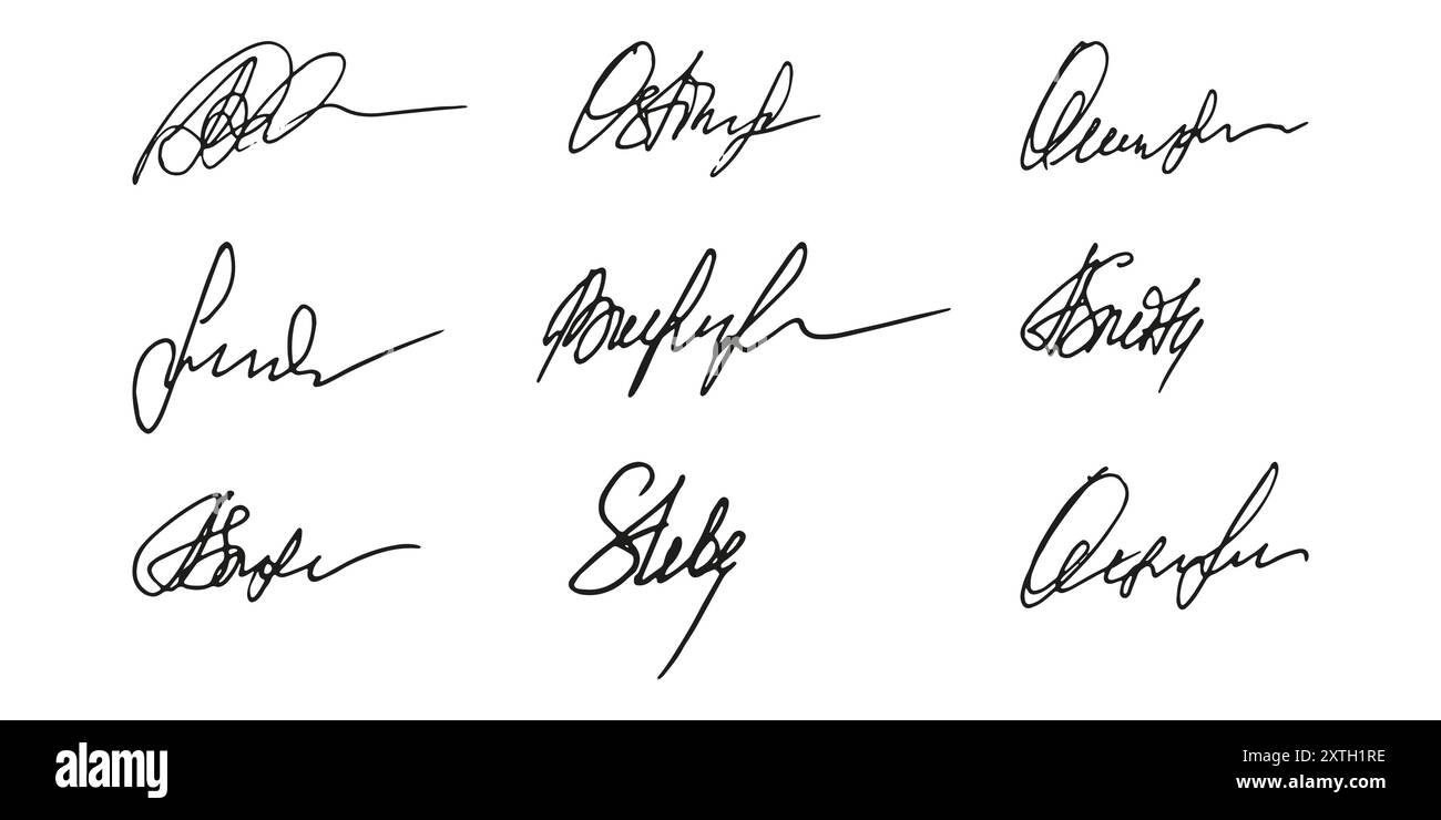 Gefälschte Signatur, handgezeichnetes Muster, eigenes Autogramm. Fiktive handschriftliche Unterschrift. Schwarze Tintenfarbe. Scribble für Musterverträge Dokumente Zertifikate oder Briefe. Vektorabbildung. Stock Vektor