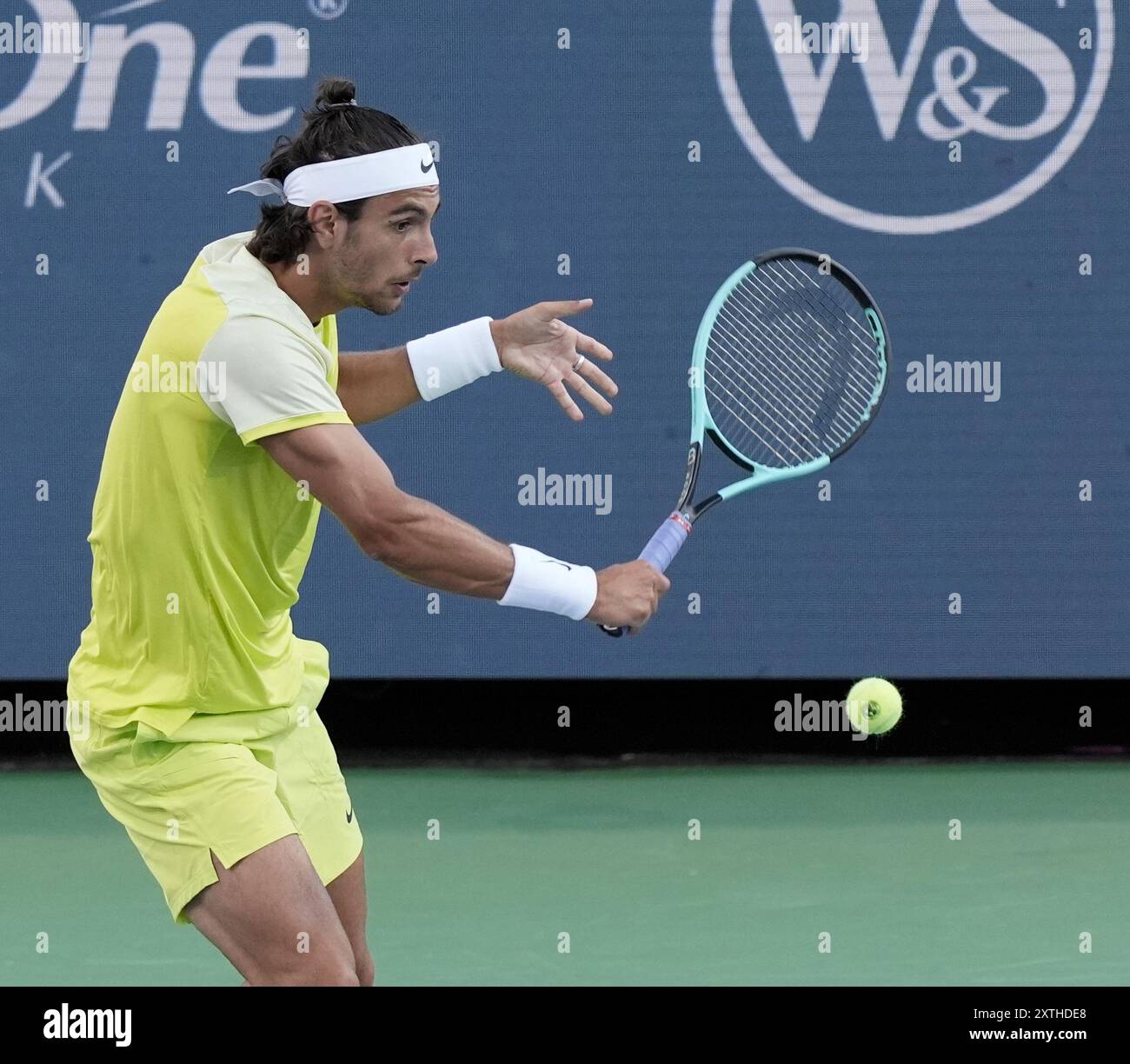 14. August 2024: Lorenzo Musetti (ITA) verliert bei den Western & Southern Open gegen Frances Tiafoe (USA) und spielt im Lindner Family Tennis Center in Mason, Ohio, {USA} © Leslie Billman/Tennisclix/Cal Sport Media Stockfoto