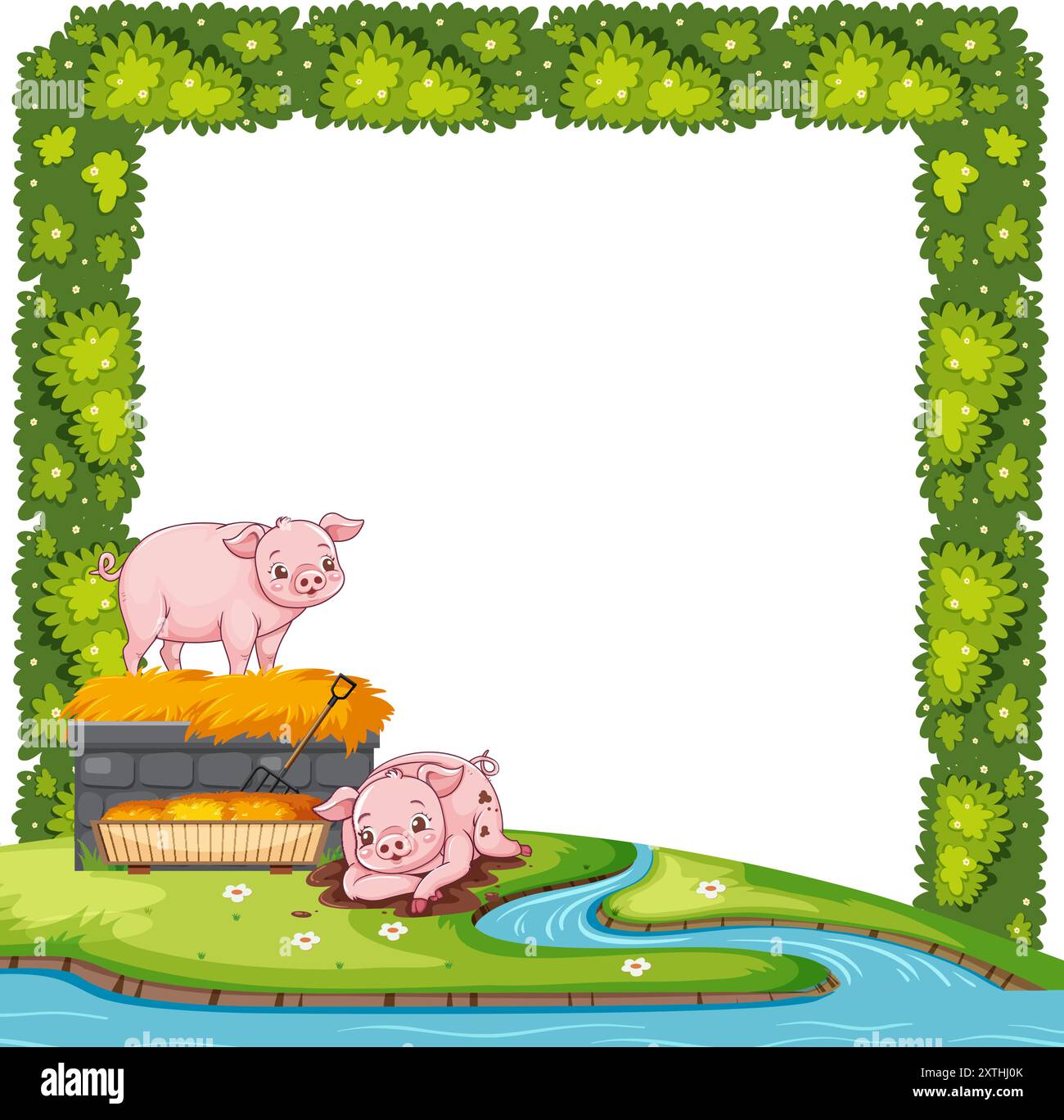 Zwei Schweine, die in der Nähe eines Baches spielen Stock Vektor