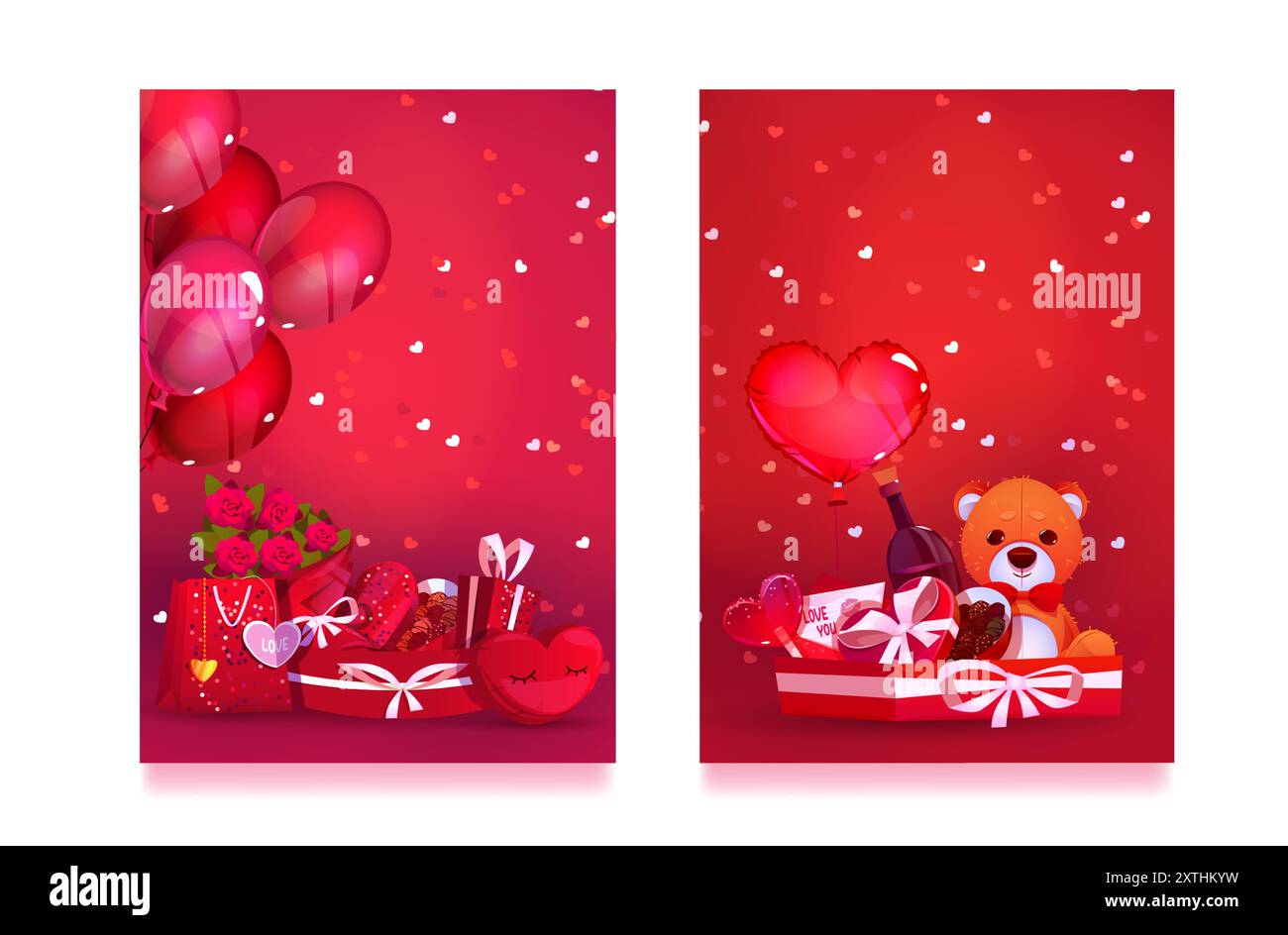 Vertikale Glückwunschbanner zum Valentinstag oder Geburtstag mit Geschenkpaketen. Schokoladenbonbons in herzförmiger Geschenkbox und Blumenstrauß aus Rosenblumen, Teddybär und Karte, roten und rosa Ballons. Stock Vektor