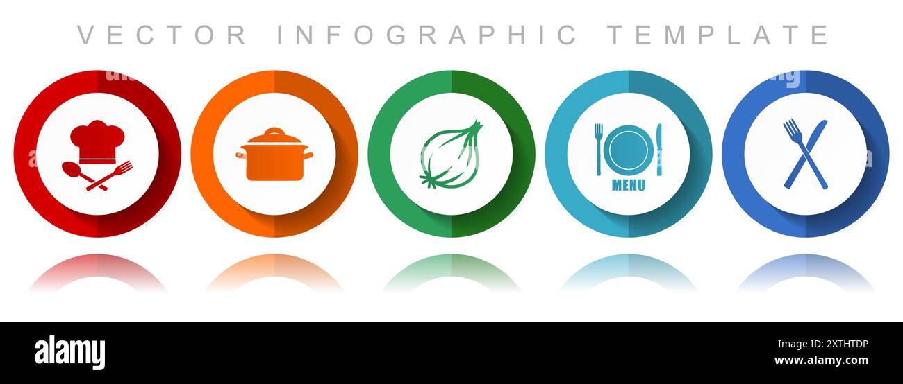 Icon-Kollektion für Lebensmittel-Vektor, verschiedene Symbole wie Kochmütze, Topf, Zwiebeln, Menü und Besteck, Infografik-Vorlage mit flachem Design in eps 10 Stock Vektor