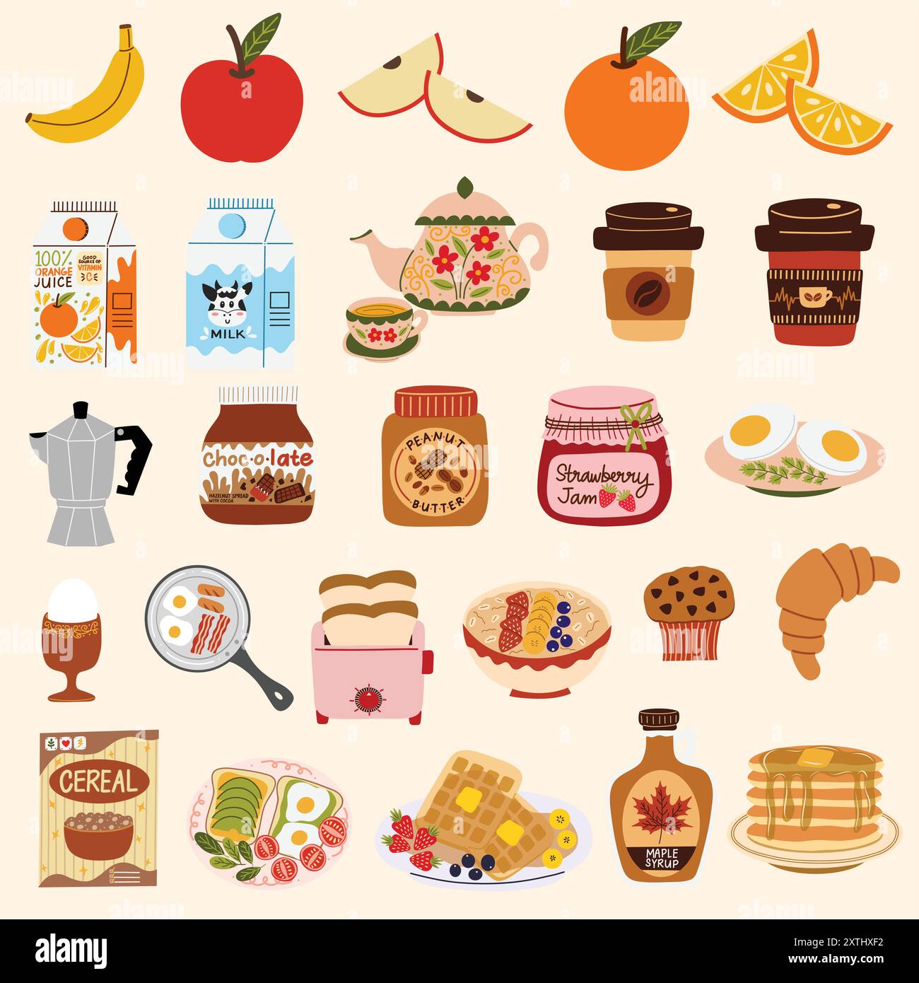 Lieblingsgerichte zum Frühstück. Avocadotoasts, Speck und Eier, Banane, Müsli und Cornflakes, Kaffee, Croissants, Milch, Pfannkuchen und mehr. Handgezeichnete Vektorabbildungen. Stock Vektor