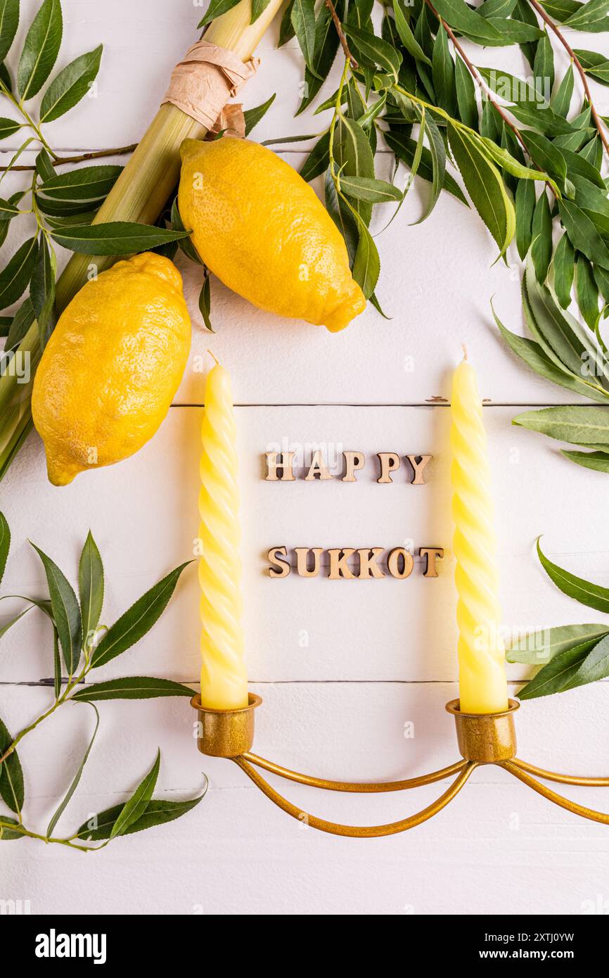 Vertikaler Hintergrund des Juden von Sukkot mit traditionellen Symbolen des Feiertags der Freude und Ernte. Etrog, Weide, Palmenzweige und Kerzen Stockfoto