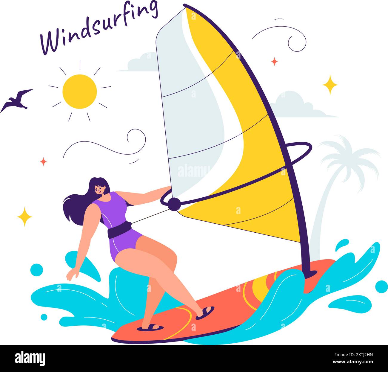 Vektor-Illustration des Windsurfens mit einer Person, die auf einem Segelboot steht, das Segel hält, in einem extremen Wassersport im flachen Zeichentrickhintergrund Stock Vektor