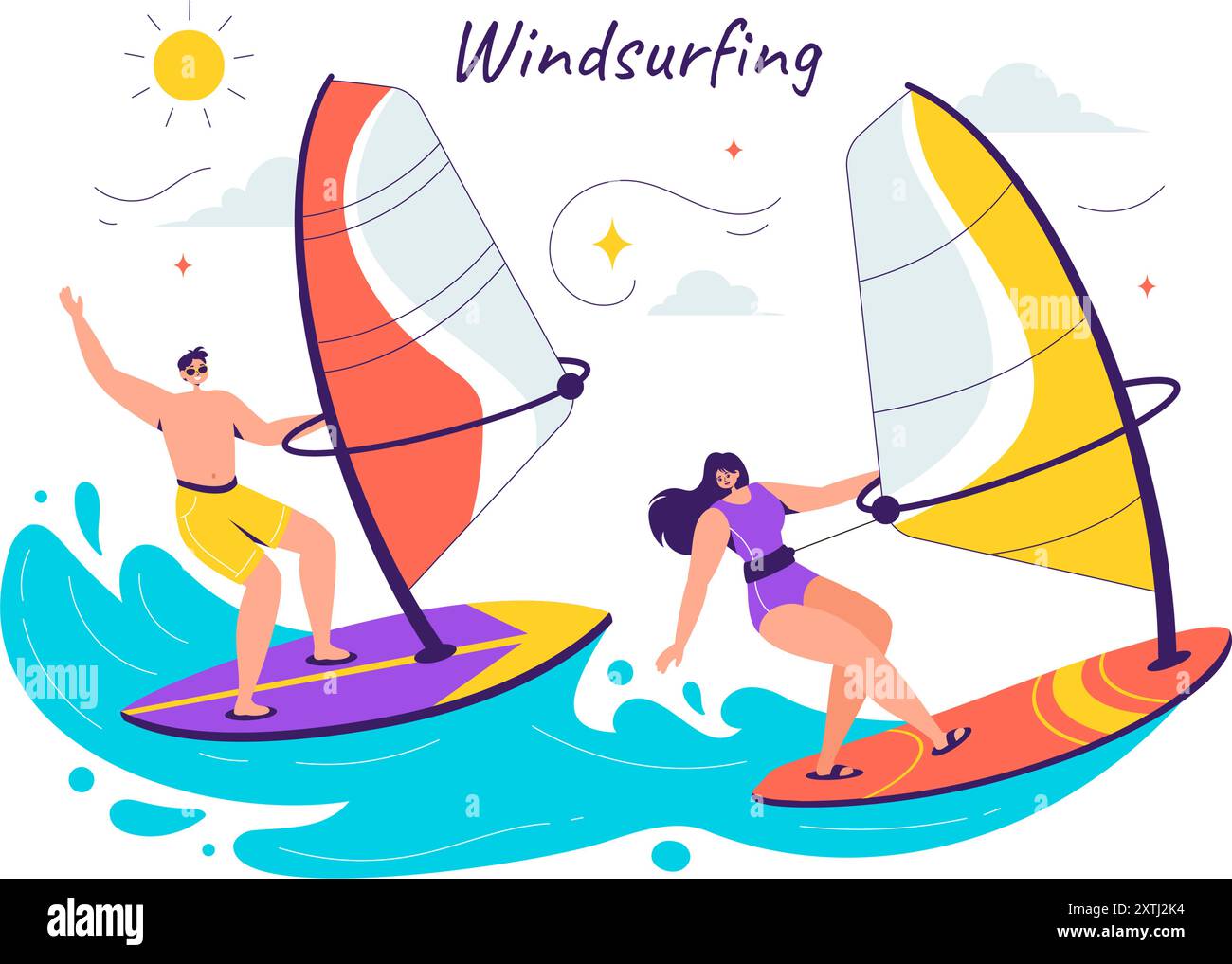 Vektor-Illustration des Windsurfens mit einer Person, die auf einem Segelboot steht, das Segel hält, in einem extremen Wassersport im flachen Zeichentrickhintergrund Stock Vektor