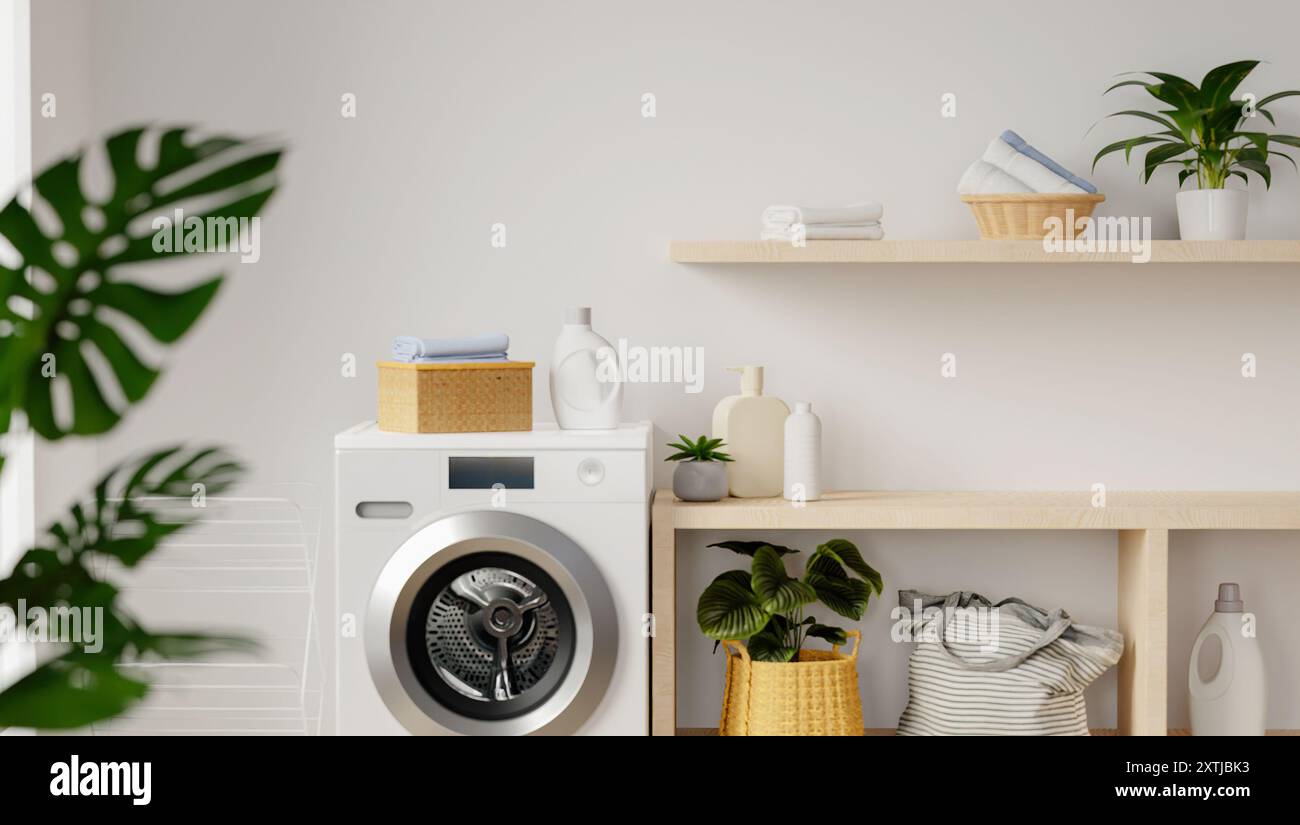 Moderner Waschraum mit Waschmaschine, Regalen und Zimmerpflanzen in einem hellen, minimalistischen Innenraum Stockfoto