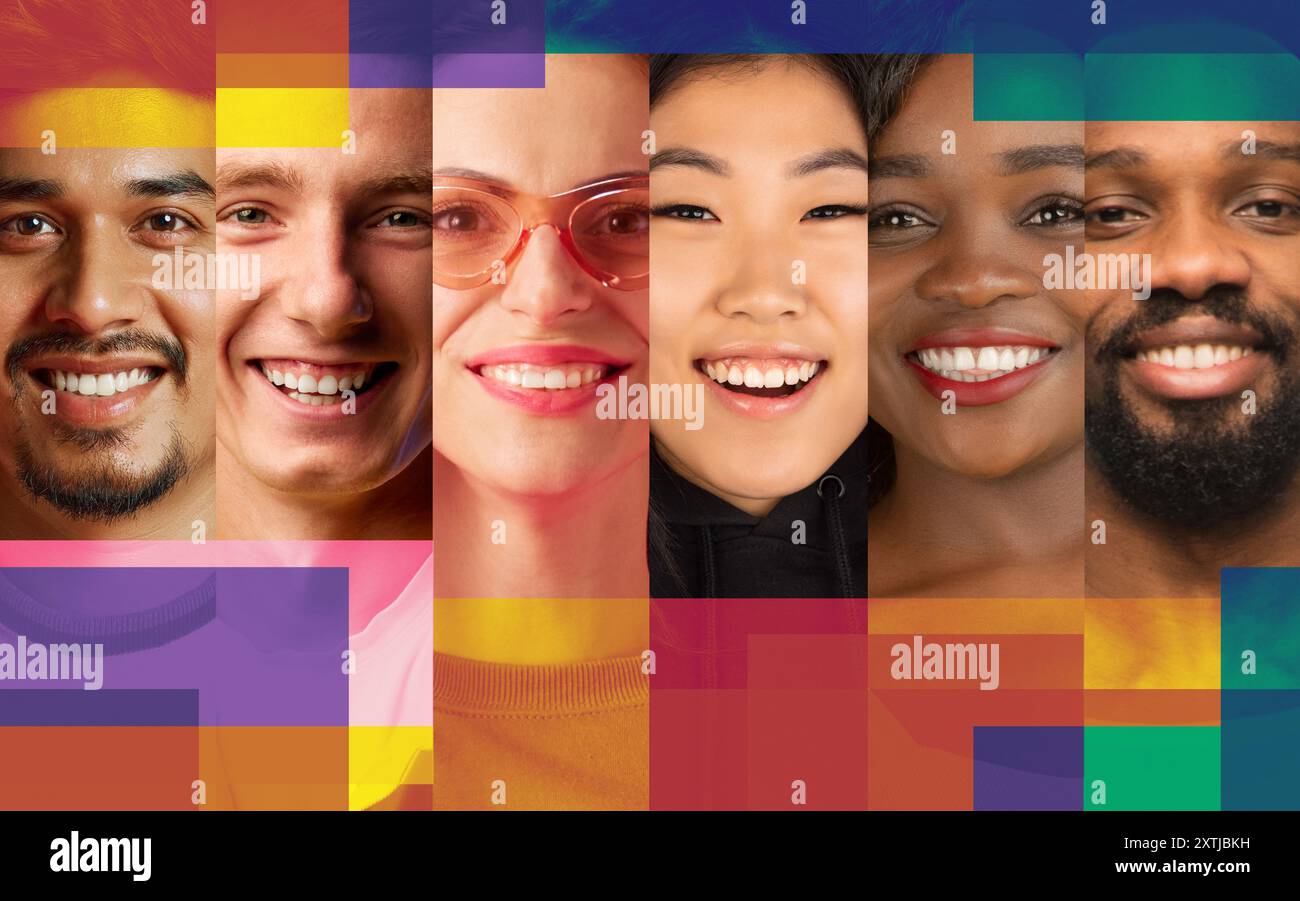 Lebendige Collage aus verschiedenen, lächelnden Menschen mit sich überschneidenden bunten geometrischen Formen, die Einheit und Freude an der menschlichen Verbindung feiern Stockfoto