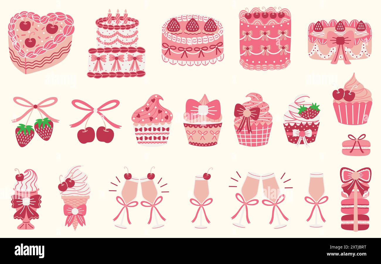Illustrationsset für Desserts und Getränke im Coquette-Stil. Vintage-Kuchen, Cupcakes, Kirschen, Erdbeeren, Macarons, Milchshake, Eis und mehr. Stock Vektor