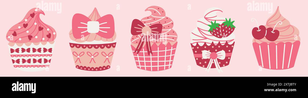 Illustrationsset für Cupcakes mit Coquette-Motiv. Cupcakes im Vintage-Stil, dekoriert mit Bändern, Kirschen und Erdbeeren. Handgezeichnete Vektorabbildungen. Stock Vektor