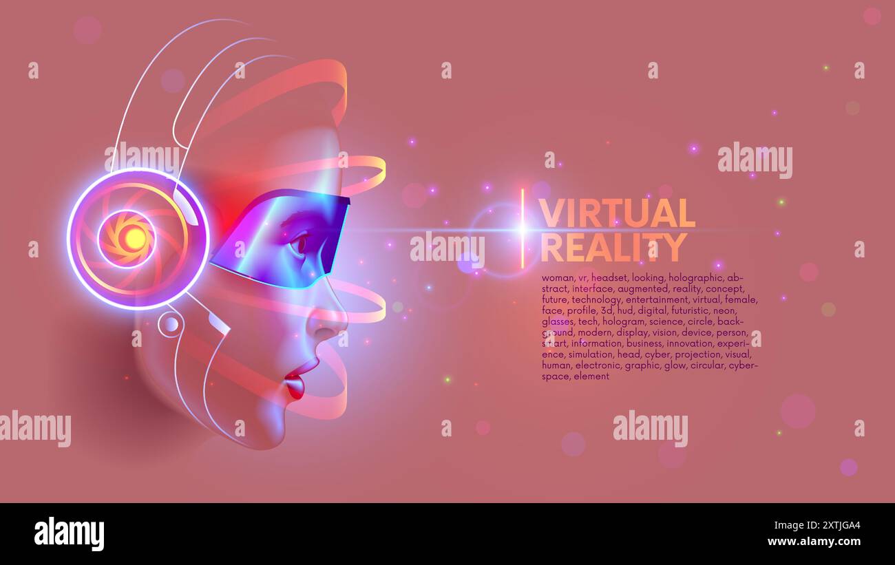 Poster zur Konzeption der virtuellen Realität. Frauenkopf im VR-Headset, der auf die holographische abstrakte Schnittstelle der virtuellen Realität blickt. Weibliches Gesichtsprofil, beleuchtet durch 3 Stock Vektor