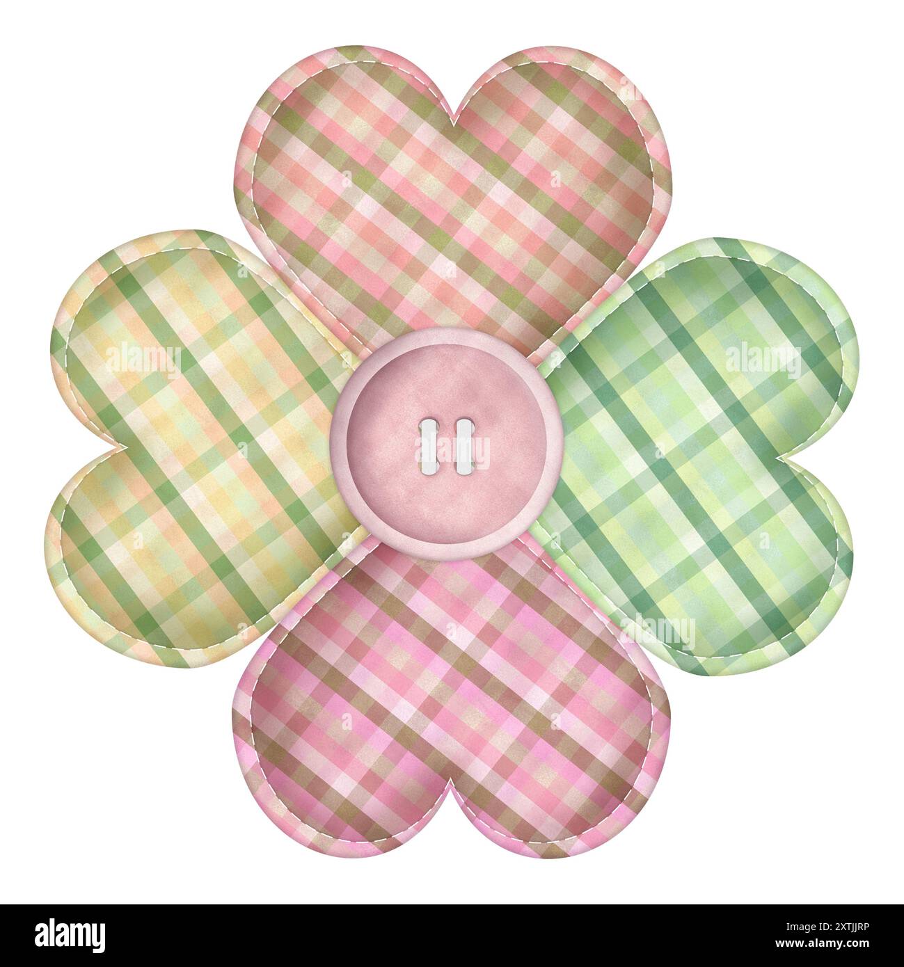 Dekorativer Stoff Glücksklever und Knopf in der Mitte. Karierte Elemente. Clipart wird vernäht. Handgezeichnete karierte Muster in Aquarellen. Stockfoto