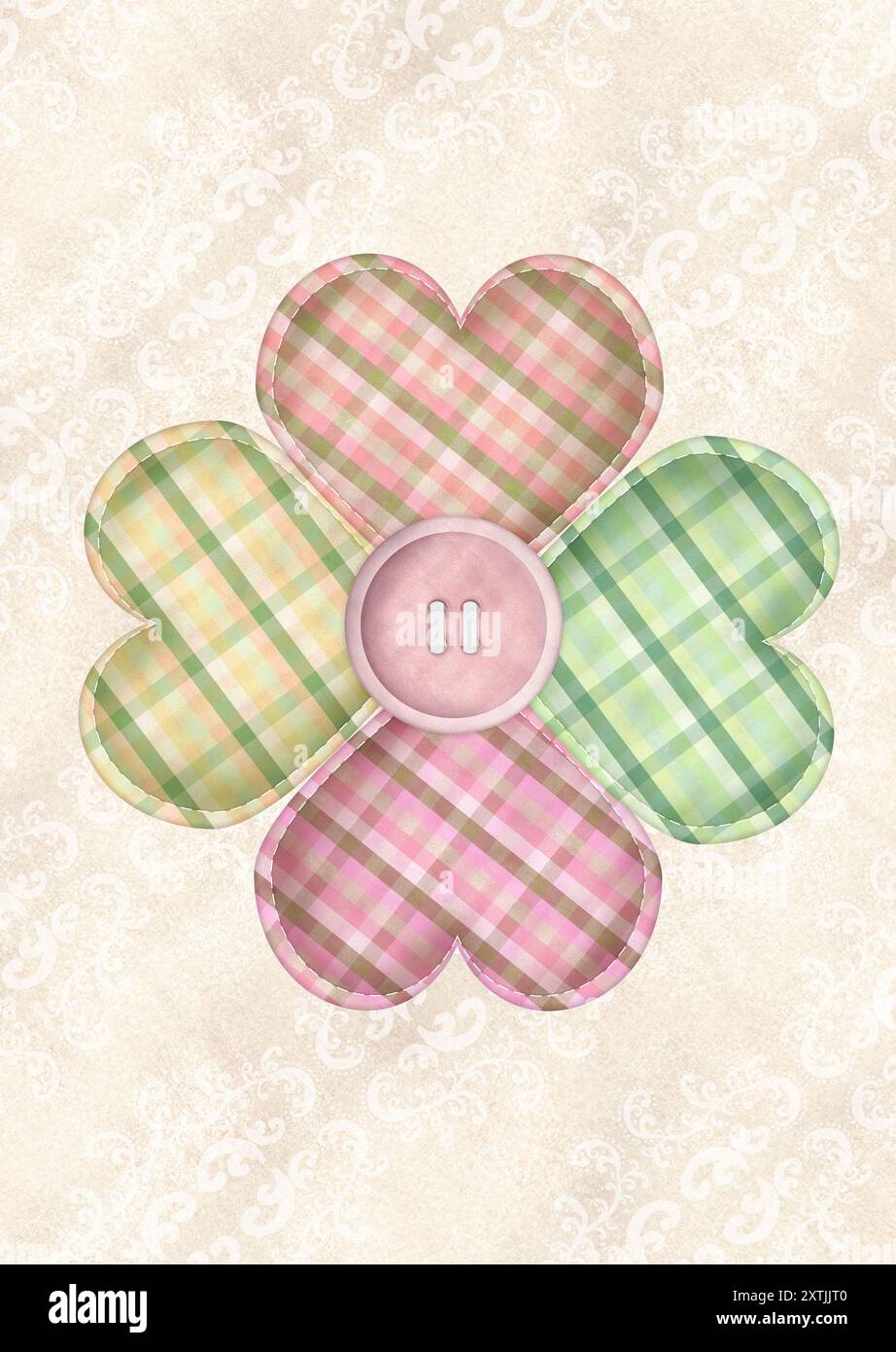 Fertige Postkarte mit dekorativem Stoff Glücksklever und Knopf in der Mitte. Karierte Elemente. Clipart wird vernäht. Handgezeichnetes Aquarell vint Stockfoto