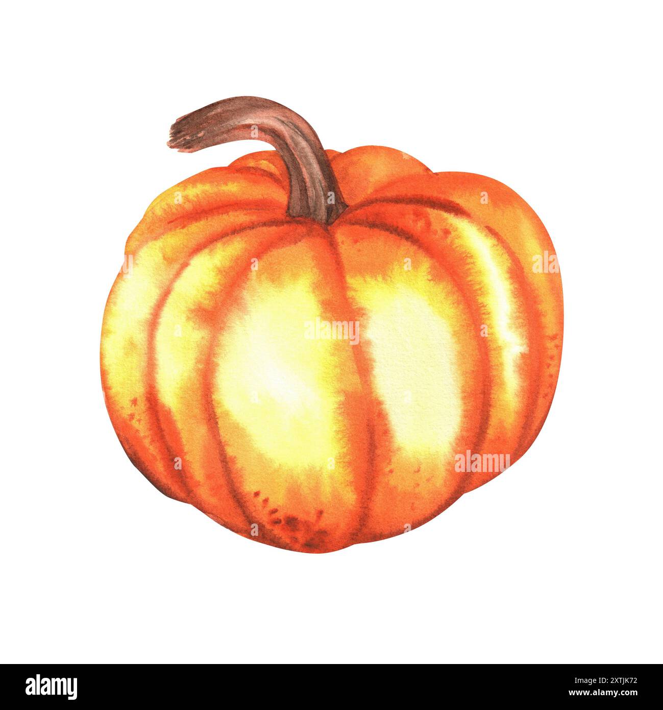 Ein großer, leuchtend orangefarbener Kürbis. Herbstfest der Gemüseernte. Thanksgiving Kürbis. Halloween Clipart. Handgezeichnete Aquarellillustration. Stockfoto