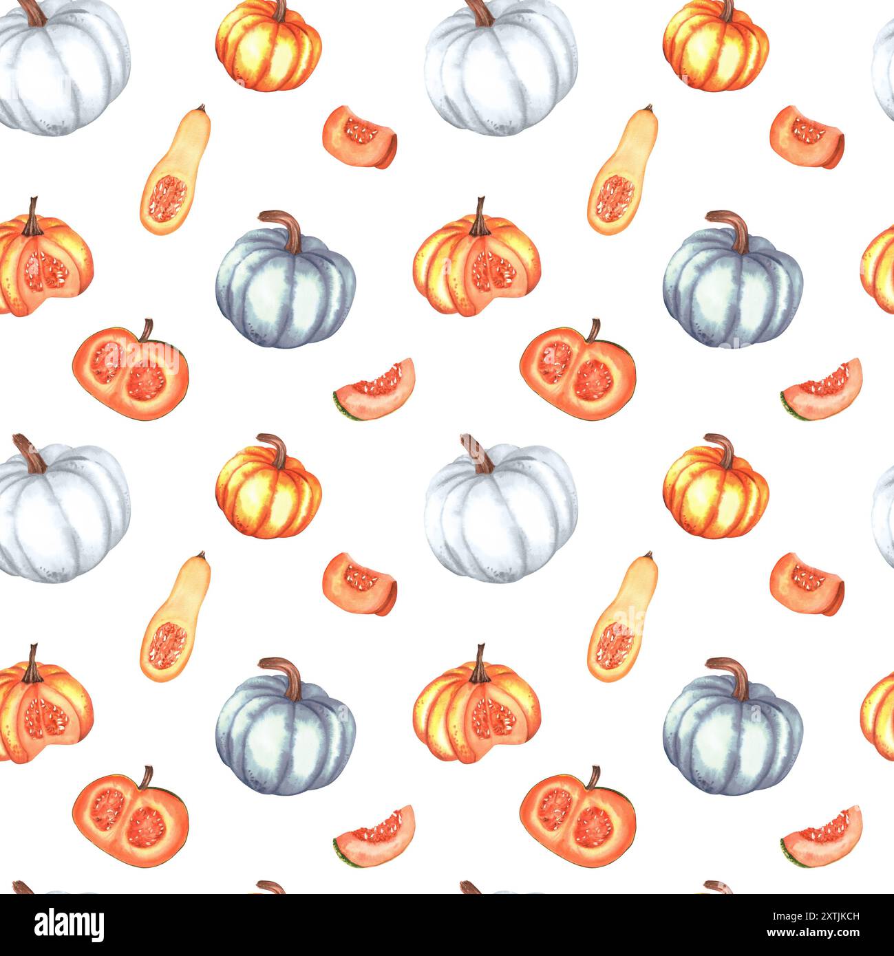 Nahtloses Muster mit weißen, orangen Kürbissen, Butternusskürbis und Scheiben. Herbstmuster für Textilien, Geschenkpapier, Vorhang, Tischdecke. Handgezeichnet mit Stockfoto