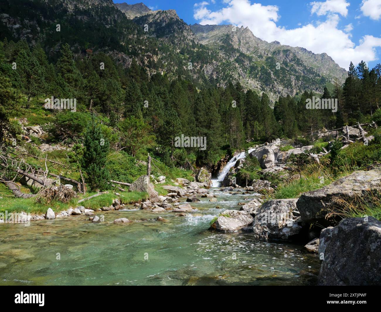 Blick auf einen Wasserfall und Fluss im Nationalpark Pyrenäen im Südwesten Frankreichs an einem sonnigen Tag. Stockfoto
