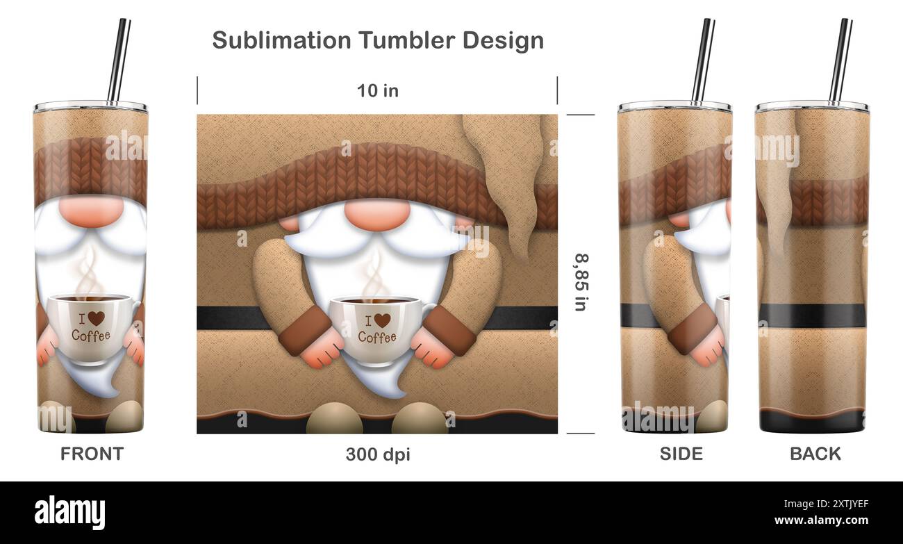 Lustige Gnome-Kaffeeliebhaber-Zeichentrickfigur. Nahtlose Sublimationsschablone für dünnen 20-ml-Becher. Sublimationsdarstellung. Stockfoto