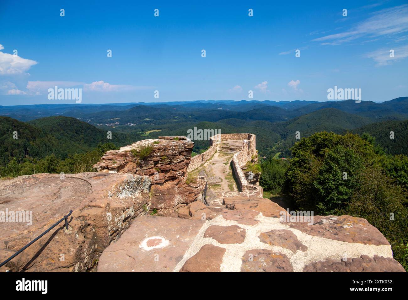 Schloss Wegelnburg im Biosphärenreservat Pfälzerwald-Nordvogesen. Mit 570,9 Metern über dem Meeresspiegel ist sie die höchste Burg (Ruine) im PAL Stockfoto