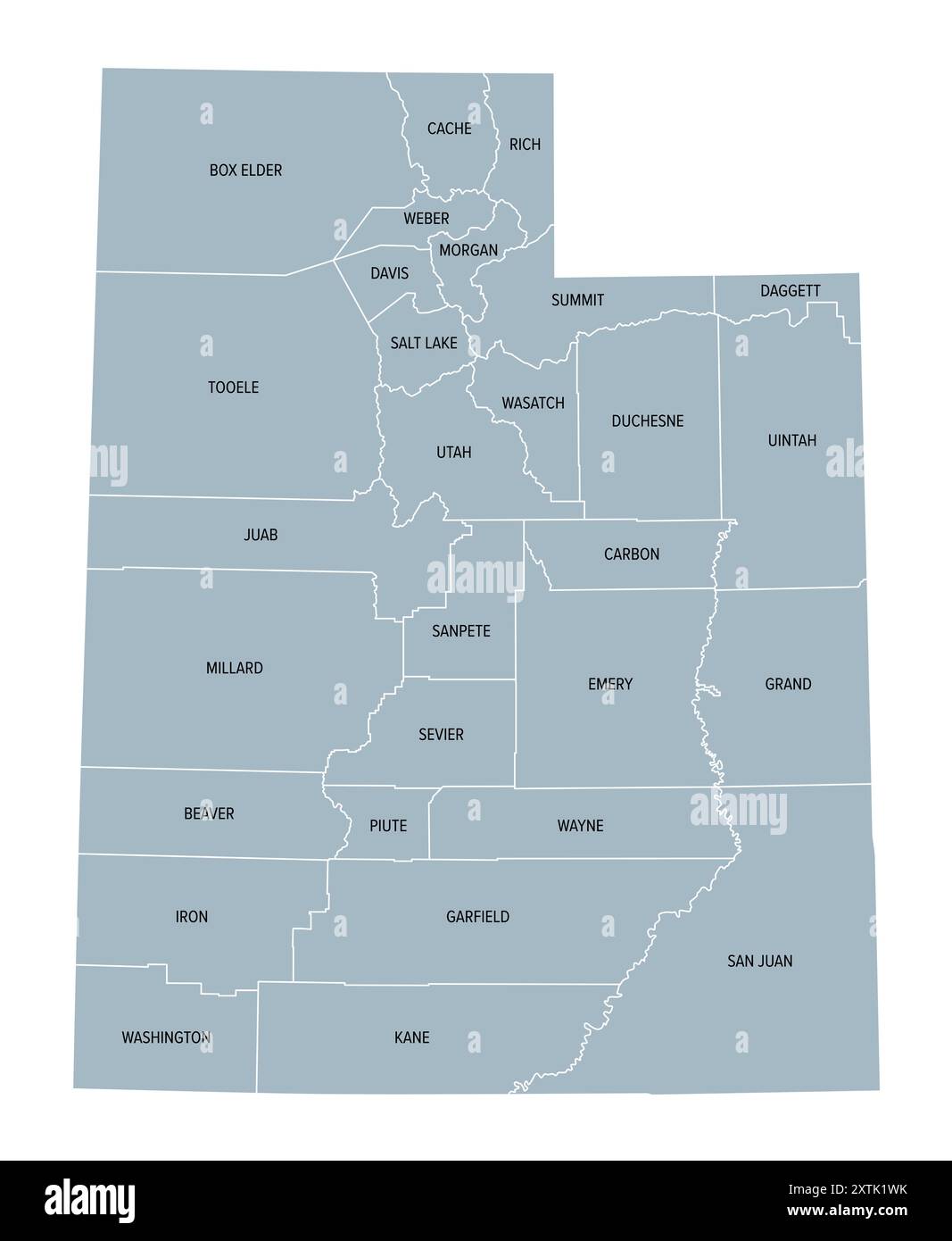 Utah, US-Bundesstaat, unterteilt in 29 Countys, graue politische Karte mit Grenzen und County-Namen. Bundesstaat in der Region Mountain West im Westen der USA. Stockfoto