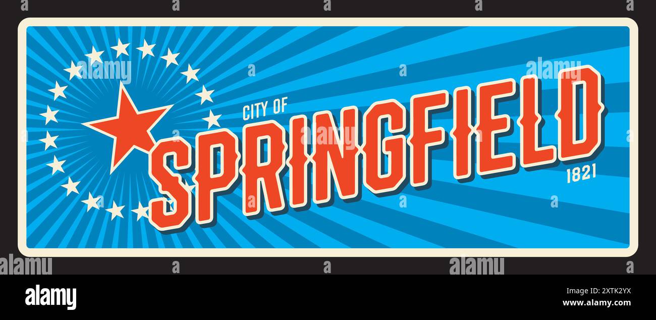 Springfield, Stadt der Vereinigten Staaten von Amerika. Vektor-Reiseplatte, Vintage Blechschild, Retro einladendes Postkartendesign. Alte Gedenktafel mit der Hauptstadt von Illinois, dem Gründungsjahr und der Flagge Stock Vektor