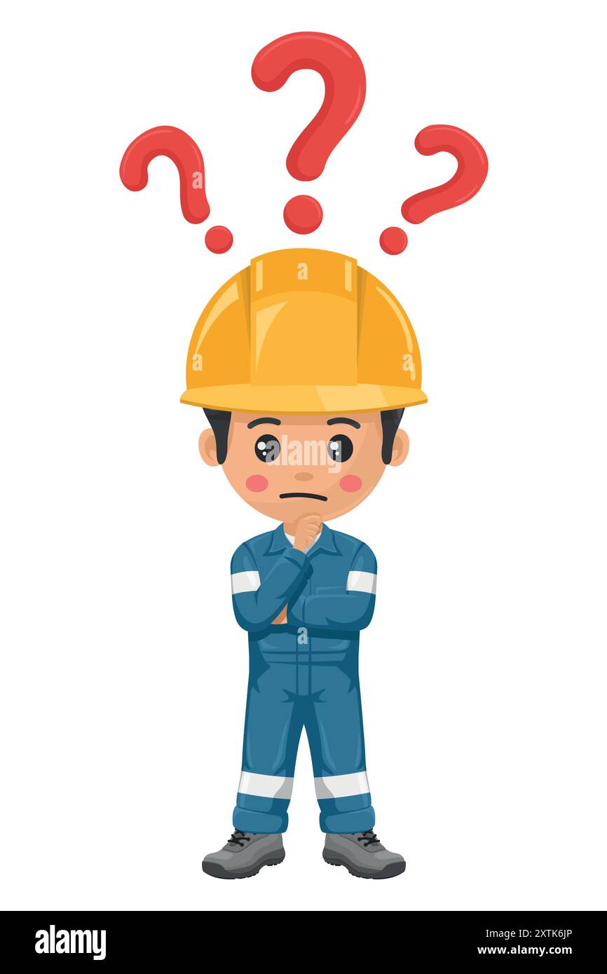 Industriemechaniker Arbeiter nachdenklich und Zweifeln mit Fragezeichen für FAQ-Konzept. Ingenieur mit seiner persönlichen Schutzausrüstung. In Stock Vektor