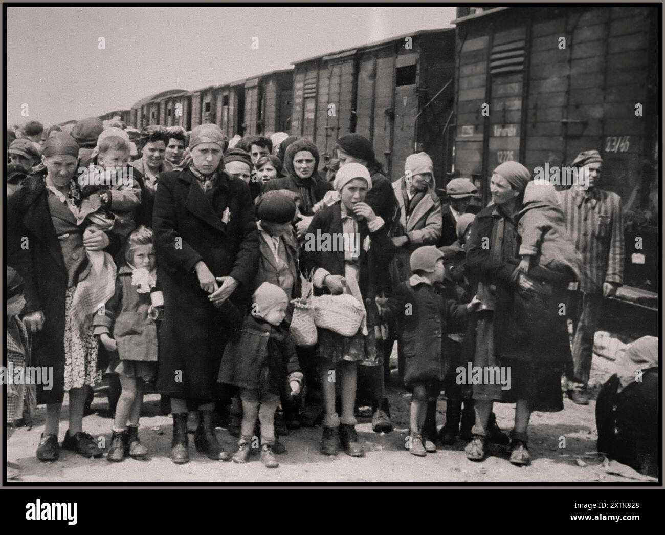 AUSCHWITZ ANKUNFT MIT EISENBAHNWAGGONS jüdische Frauen und Kinder aus den Unterkarpaten Rus, warten auf die Auswahl der Waffen SS-Wachen auf Leben oder Tod auf der Rampe in Auschwitz Birkenau. Fotograf Bernhardt Walter/Ernst Hofmann Datum Mai 1944 Auschwitz, [Oberschlesien] Polen Stockfoto