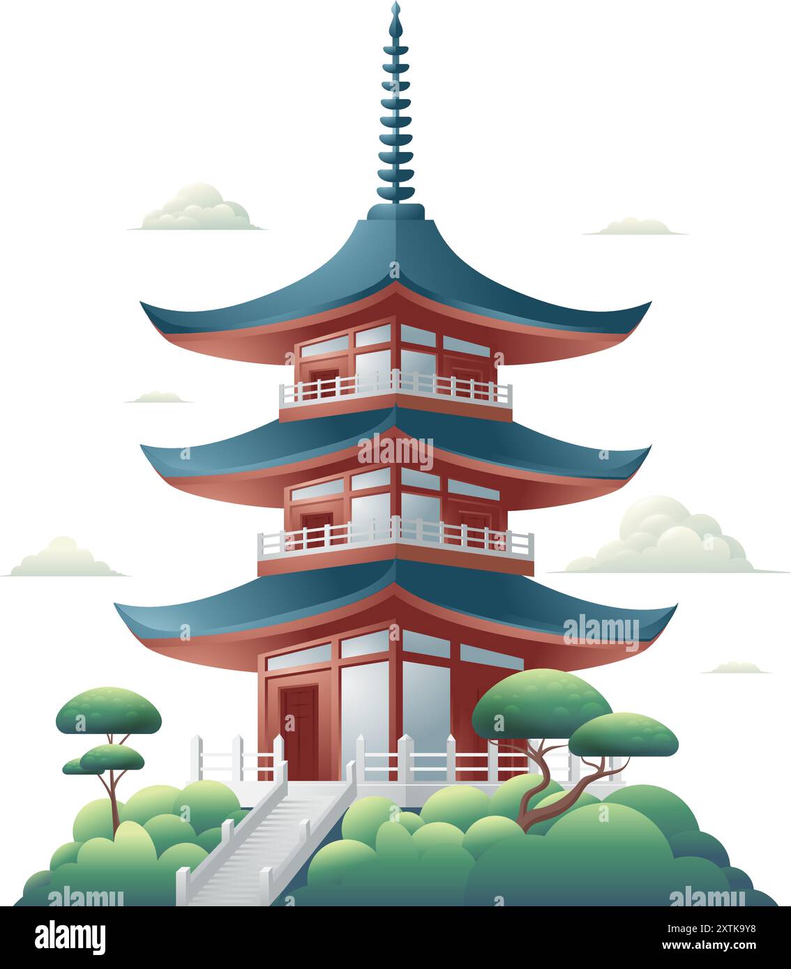 Chinesische Pagode Vektor-Illustration mit Treppen auf einer üppigen und schönen Hügellandschaft Stock Vektor