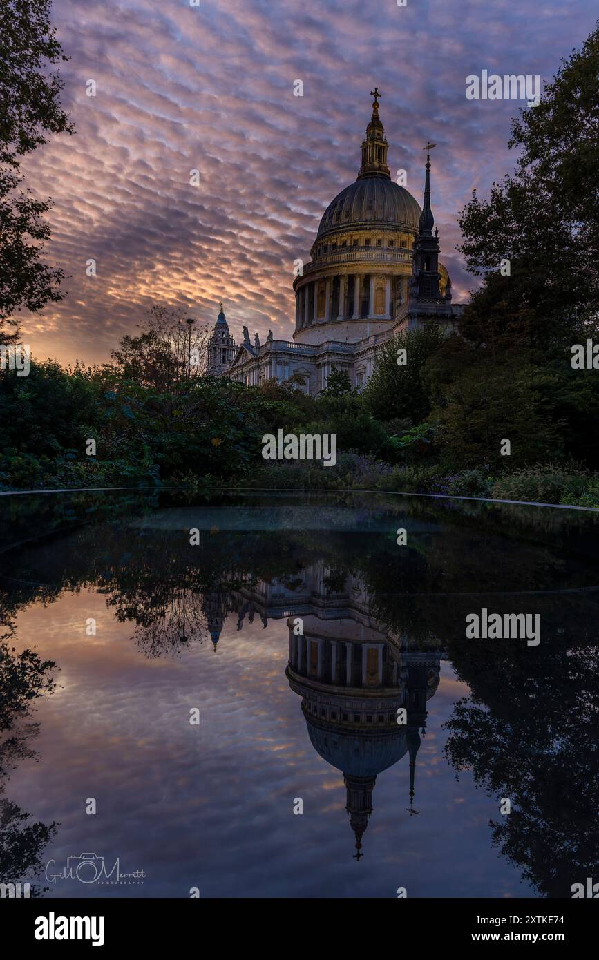 St. Paul's Cathedral bei Nacht mit Spiegelbild am Pool Stockfoto