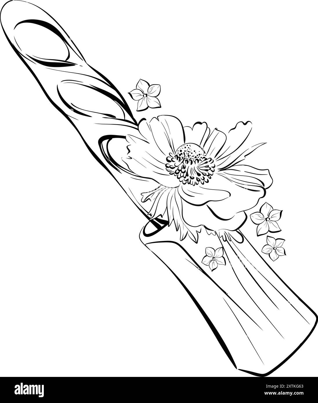 Vektor Französisch Baguette mit Blume, schwarze Silhouette für Schaltung. Romantischer Tourismus. Pariser Café-Bäckerei, handgezeichnete Illustration Stock Vektor