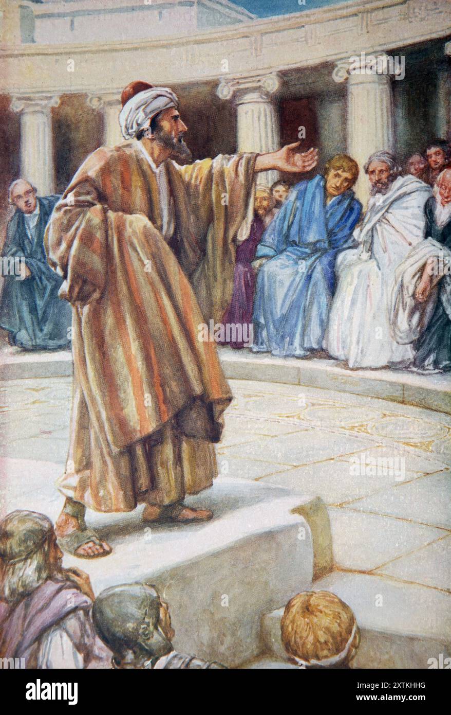 Paulus predigt in Athen (die Areopagus-Predigt) ist aus dem antiken Buch des 19. Jahrhunderts die kostbaren Geschenk-Bibelgeschichten für Kinder mit Illustration von Stockfoto