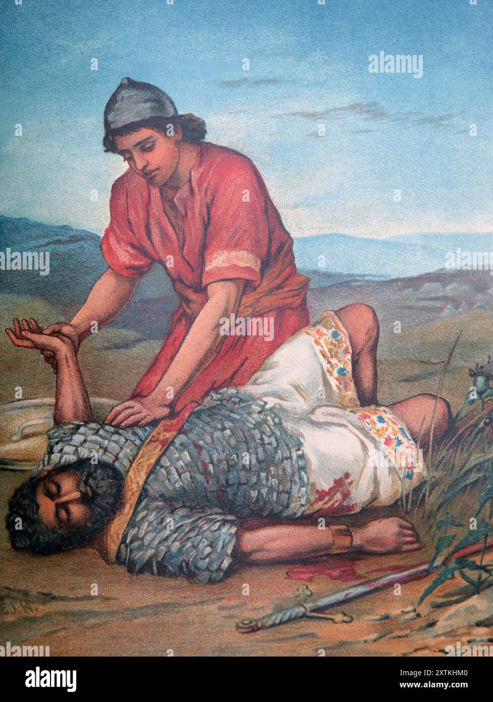 Illustration des Todes Sauls (Samuel) in der Schlacht gegen die Philister König Saul wurde verwundet und als nicht von den Philistern gefangen genommen zu werden er Stockfoto