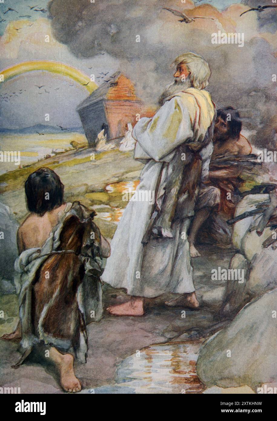 Und Noah baute dem Herrn ein Alter und nahm jedes saubere Tier und jedes saubere Geflügel ab und opferte Brandopfer Stockfoto