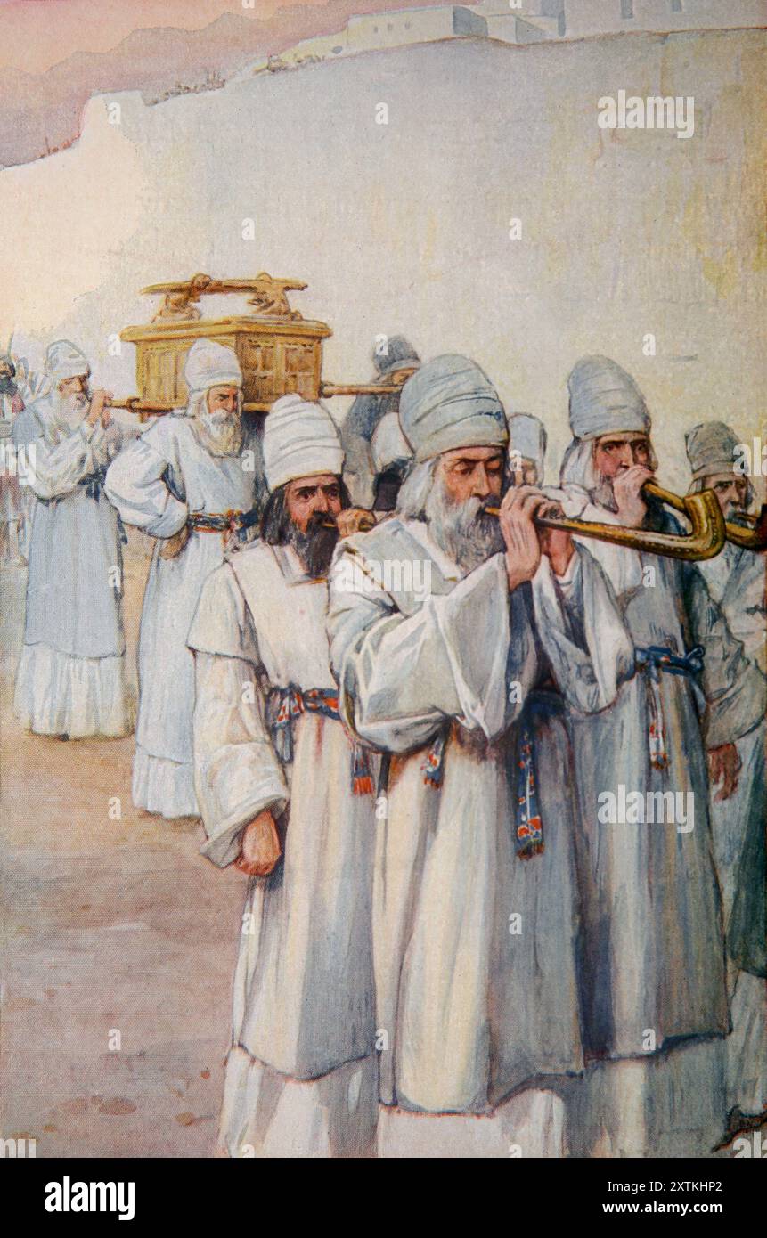 Illustration des Falls von Jericho - Trompeten klingen die Menschen schreien und die Mauern von Jericho fallen die Israeliten MarchedOnce a day for 6 days and 7 t Stockfoto