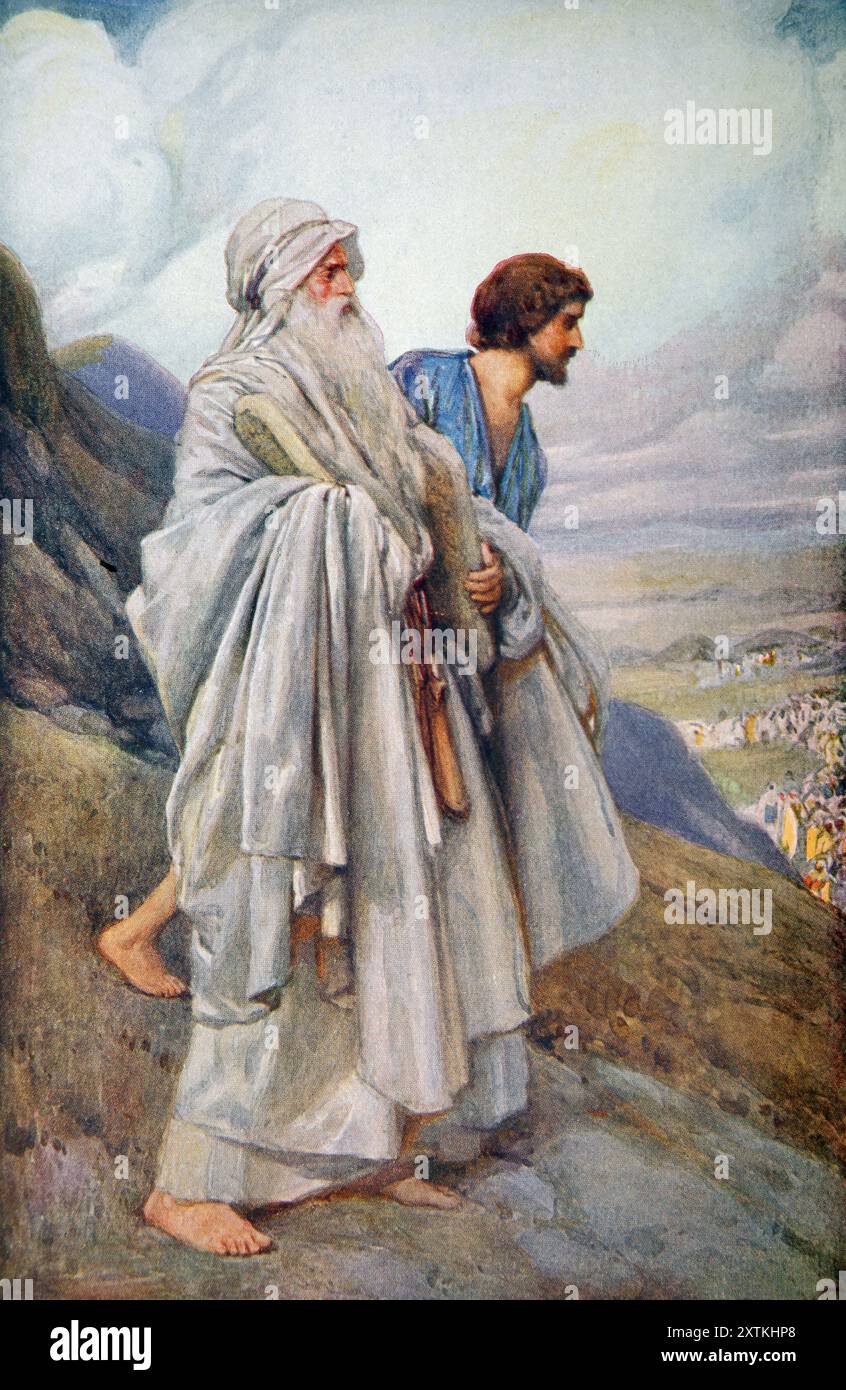 Moses mit den Gesetzestafeln und seinem Diener Josua, der den Berg Sinai hinabstieg, hatte er die Israeliten gefunden, die Worshipp zur Götzendiener gemacht hatte Stockfoto
