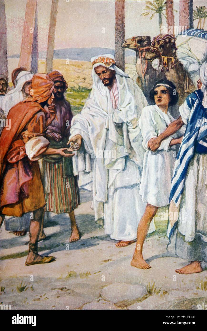 Abbildung Joseph wird von seinen Brüdern als Sklave an die Ismeeliten verkauft (Genesis) aus dem antiken Buch der kostbaren Geschenk-Bibelgeschichten des 19. Jahrhunderts Stockfoto