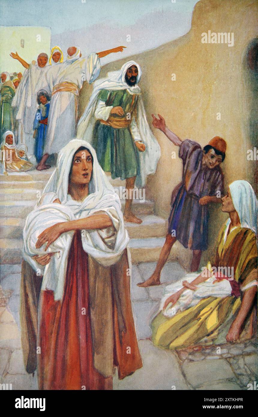 Illustration der Boten bringen Nachrichten der syrischen Flucht (Könige) aus dem antiken Buch des 19. Jahrhunderts die kostbaren Geschenk Bibel Geschichten für Kinder W Stockfoto