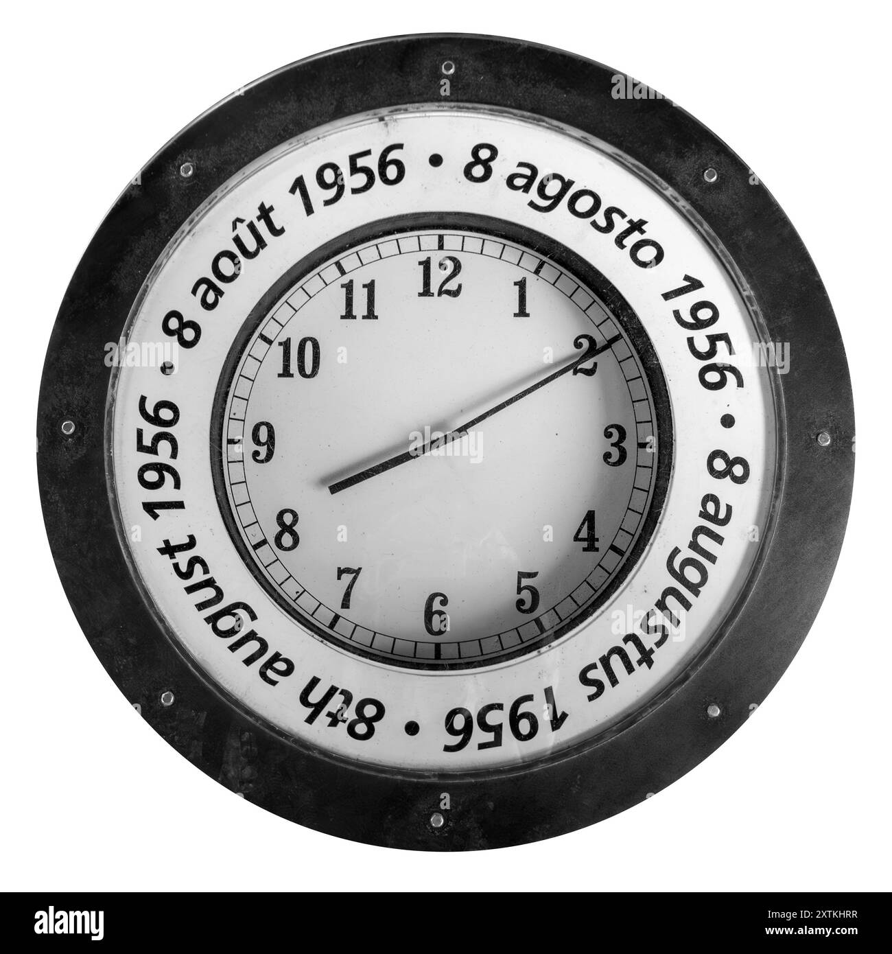 Uhr mit Datum und Uhrzeit der Katastrophe des Kohlebergbaus in Le Bois du Cazier am 8. August 1956 in Marcinelle bei Charleroi, Hennegau, Belgien Stockfoto