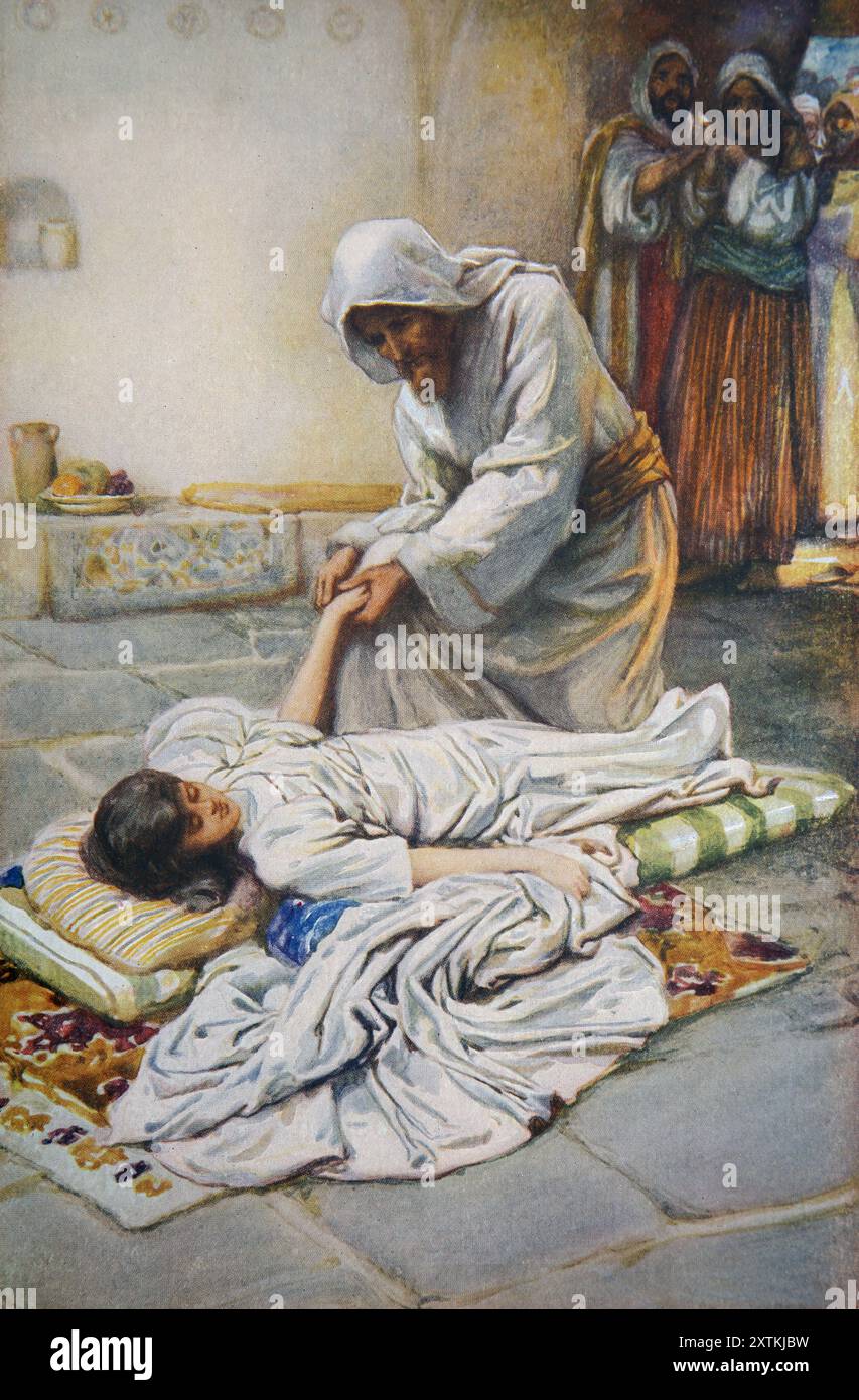 Illustration von Jesus, der die Tochter von Jairus aufzieht, aus dem antiken Buch des 19. Jahrhunderts die kostbaren Geschenkanlagen für Kinder mit Illustration Stockfoto