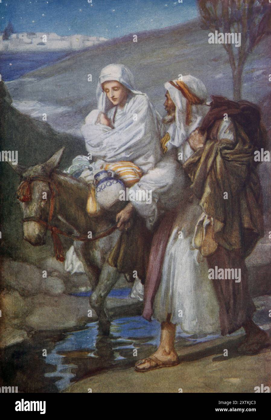 Illustration des Fluges nach Ägypten (Matthäus) - Jungfrau Maria, die das Jesuskind auf einem Esel hält, geführt von Joseph, der aus dem antiken 19. Jahrhundert nach Ägypten flüchtet Stockfoto