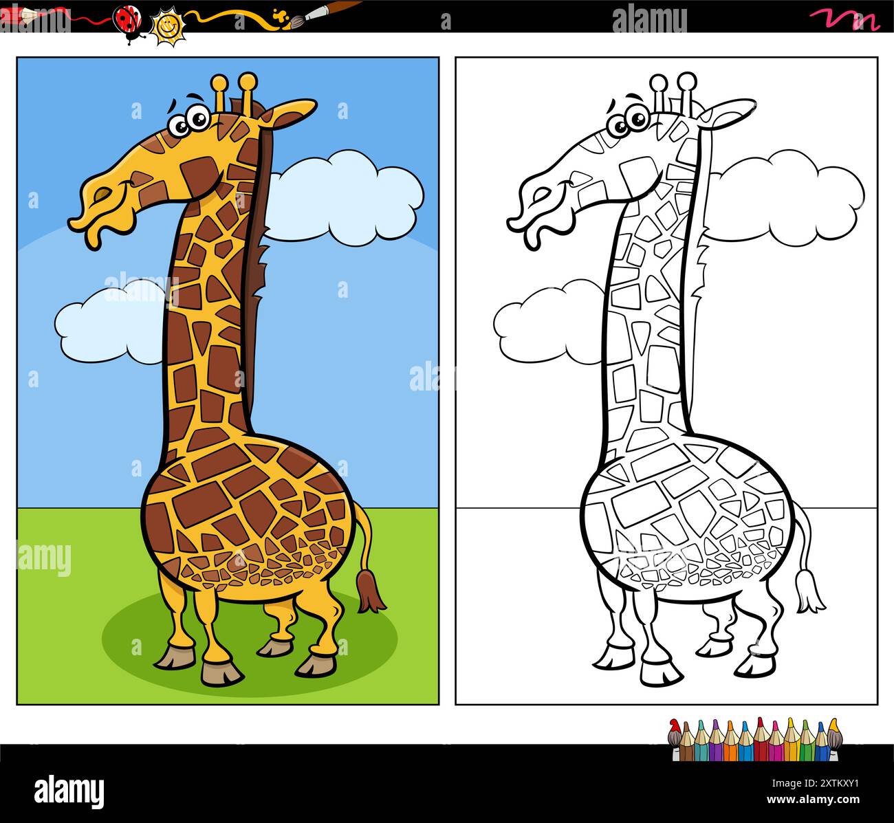 Zeichentrickillustration von Giraffe Wildtier Charakter Malseite Stock Vektor