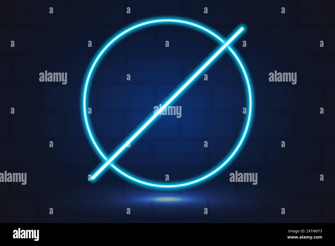 Leuchtender Neon-Kreis, durchgestrichenes Schild, Rahmen in blauer Farbe mit Ziegelwand auf Hintergrund. Vektor Stock Vektor