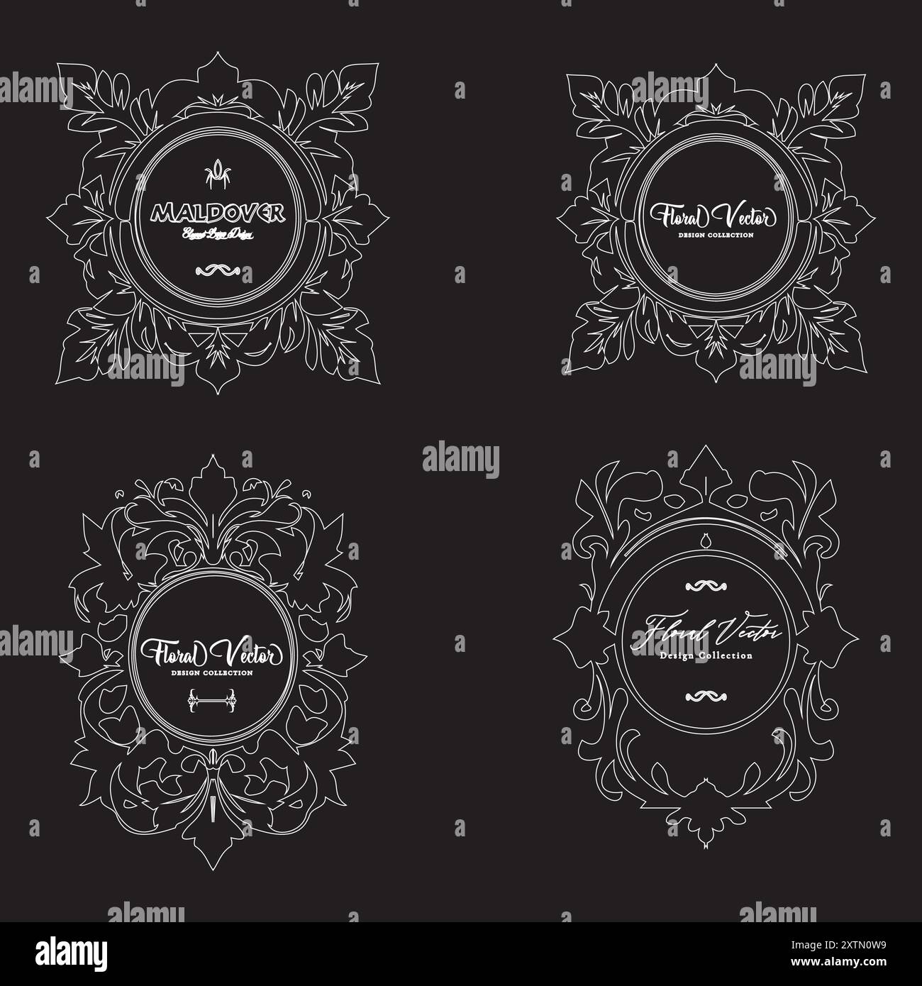 Elegante Sammlung von vier Vintage-Blumenemblemen mit komplizierten Designs auf schwarzem Hintergrund für kreative Projekte und für Branding und Dekor Co Stock Vektor