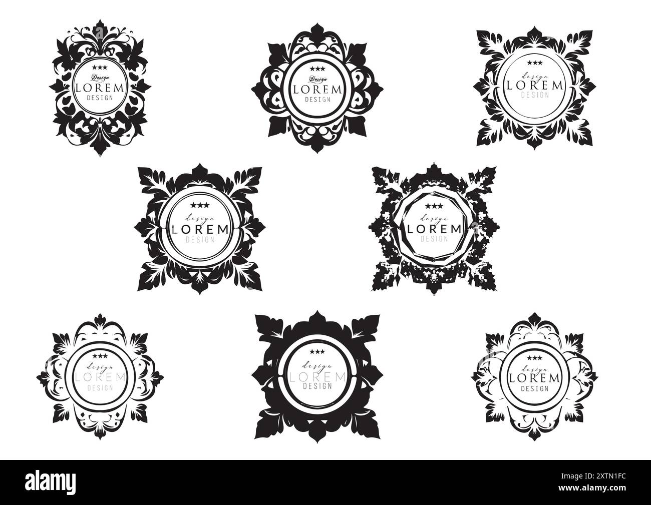 Sammlung von neun Vintage-Logos mit Blumenemblemen mit komplizierten Designs auf schwarzem Hintergrund für kreative Projekte und für Branding- und Dekorfirmen Stock Vektor