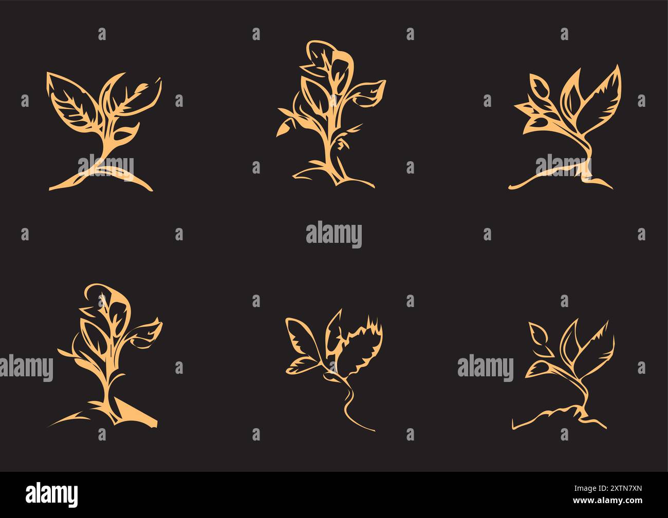 Kollektion eleganter Golden Plants Silhouette auf schwarzem Hintergrund Stock Vektor