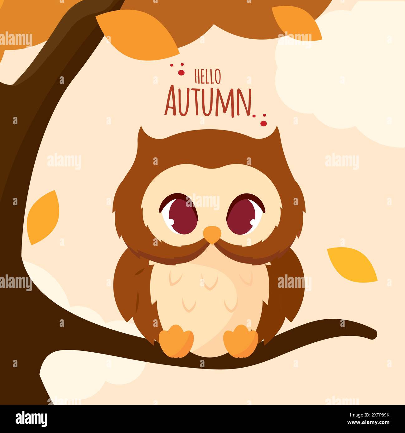 Niedliche Herbsteule auf Baum mit Hello Herbsttext, Vektor Stock Vektor