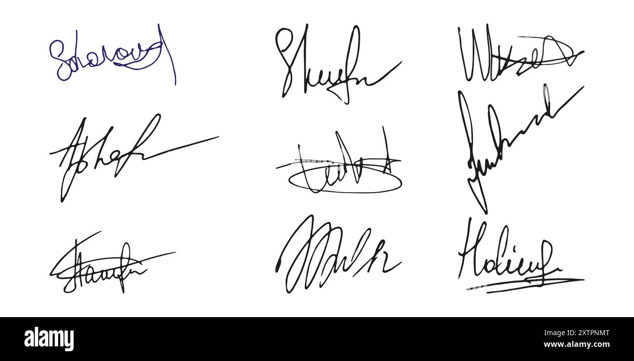 Gefälschte Signatur, handgezeichnetes Muster, eigenes Autogramm. Fiktive handschriftliche Unterschrift. Blaue Tintenfarbe. Scribble für Musterverträge Dokumente Zertifikate oder Briefe. Vektorabbildung. Stock Vektor